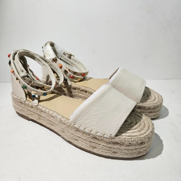 NWOT Marc Fisher Vejan Platform Espadrille Ankle Wrap Sandal 8 Beige Studded - Picture 2 of 10